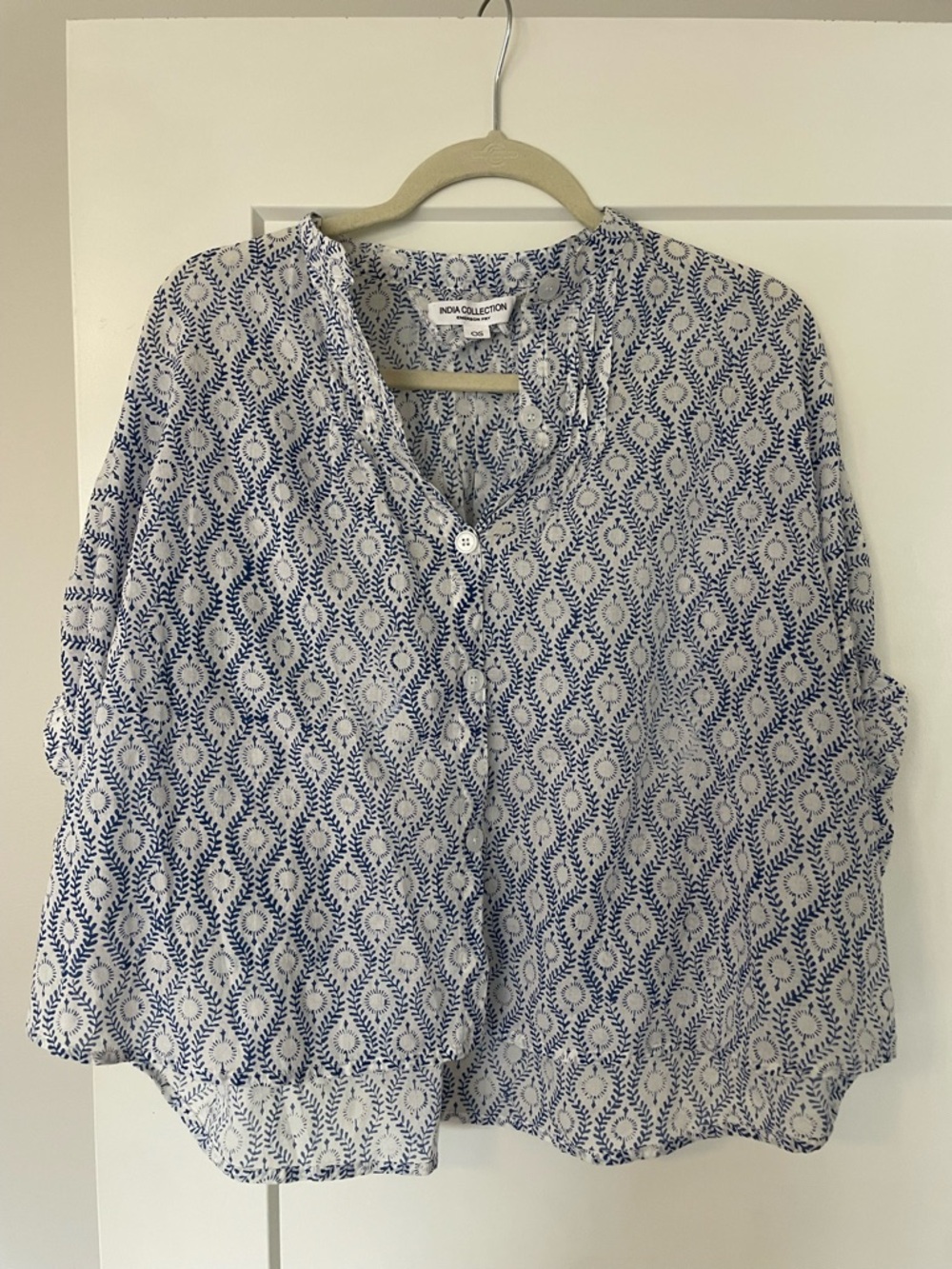 India Collection Indigo Patterned Button-Front Women's Linen Blouse